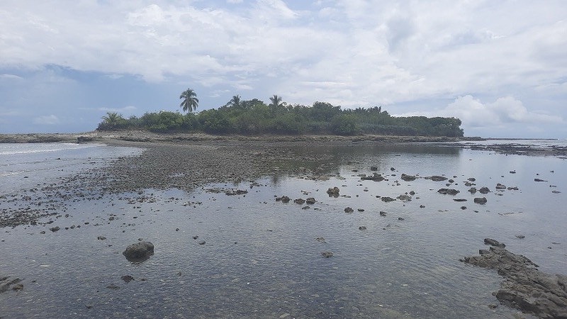 Low-tide rock flats and pools leading out to Isla Cabuya